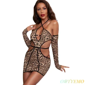 Leopard Print Three-Point Lingerie Set with Tights